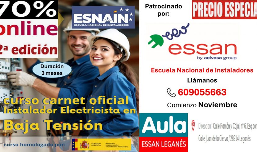 Comienza la convocatoria de la 2ª EDICIÓN del Curso para la obtención del CARNET oficial de Instalador Electricista en baja tensión – 70% ONLINE – Duración 3 meses