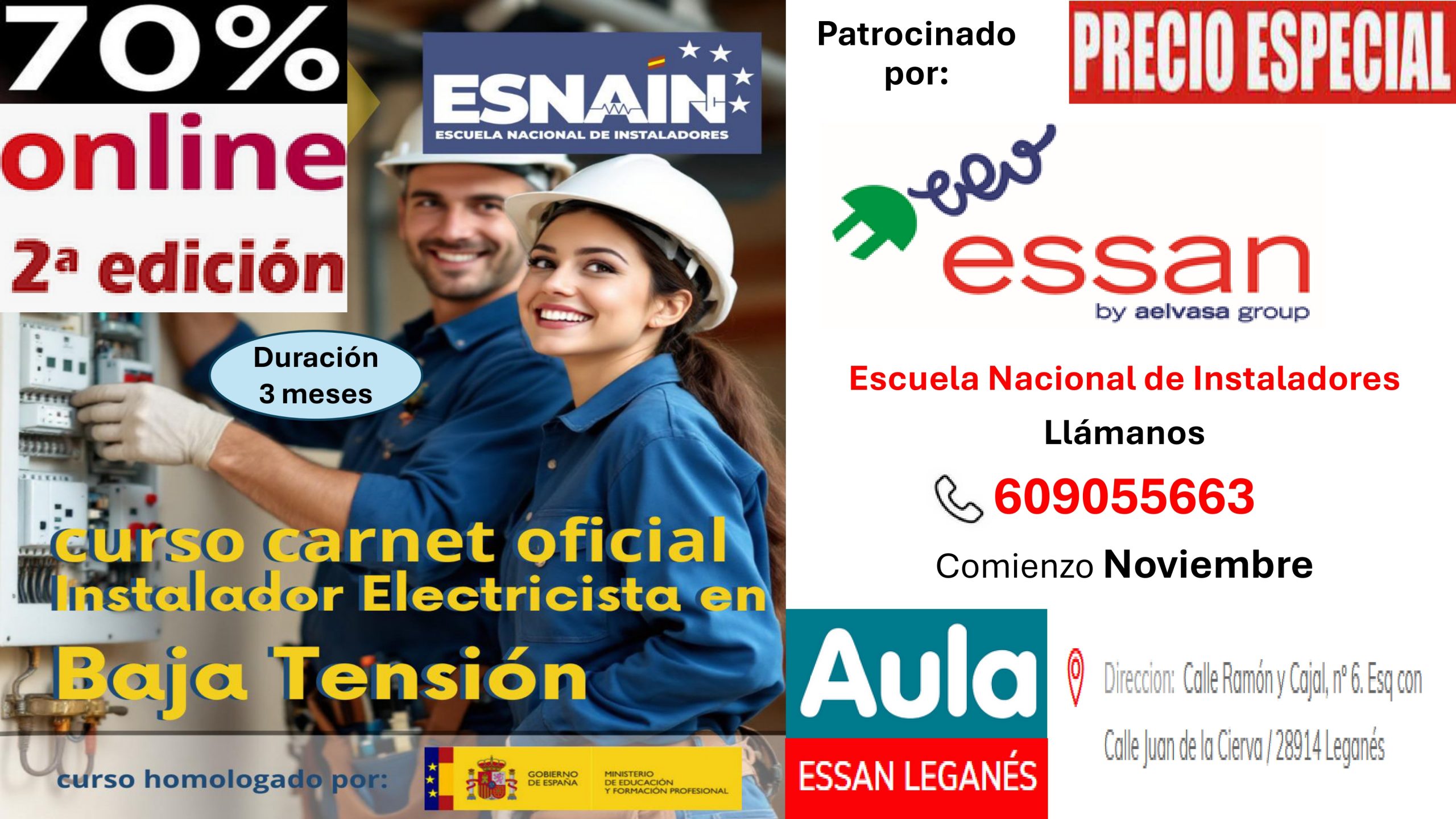 Comienza la convocatoria de la 2ª EDICIÓN del Curso para la obtención del CARNET oficial de Instalador Electricista en baja tensión – 70% ONLINE – Duración 3 meses